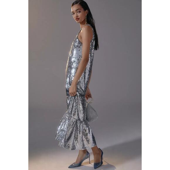 New Anthropologie Maeve One-Shoulder Sequin Midi Dress $230 SMALL Silver - Picture 3 of 5